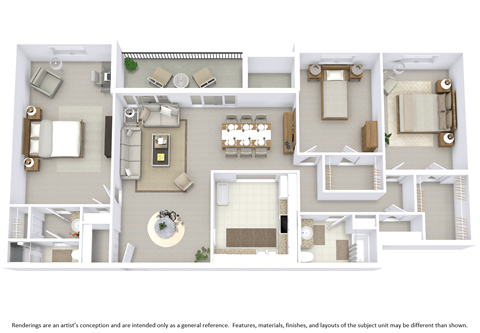 This is a 3D-floor plan providing a detailed, angled view of the space with room layouts, furniture placement, and spatial flow. Features 3 bedroom/s, 2 bathroom/s, and approximately 1370 Sq. Ft
